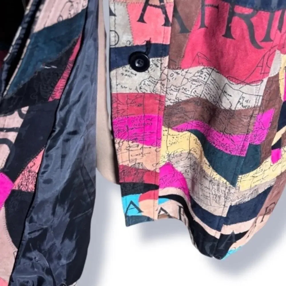 Vintage African Star Suede Leather Coat Map Print Oversized Long Jacket Boho - Picture 3 of 15